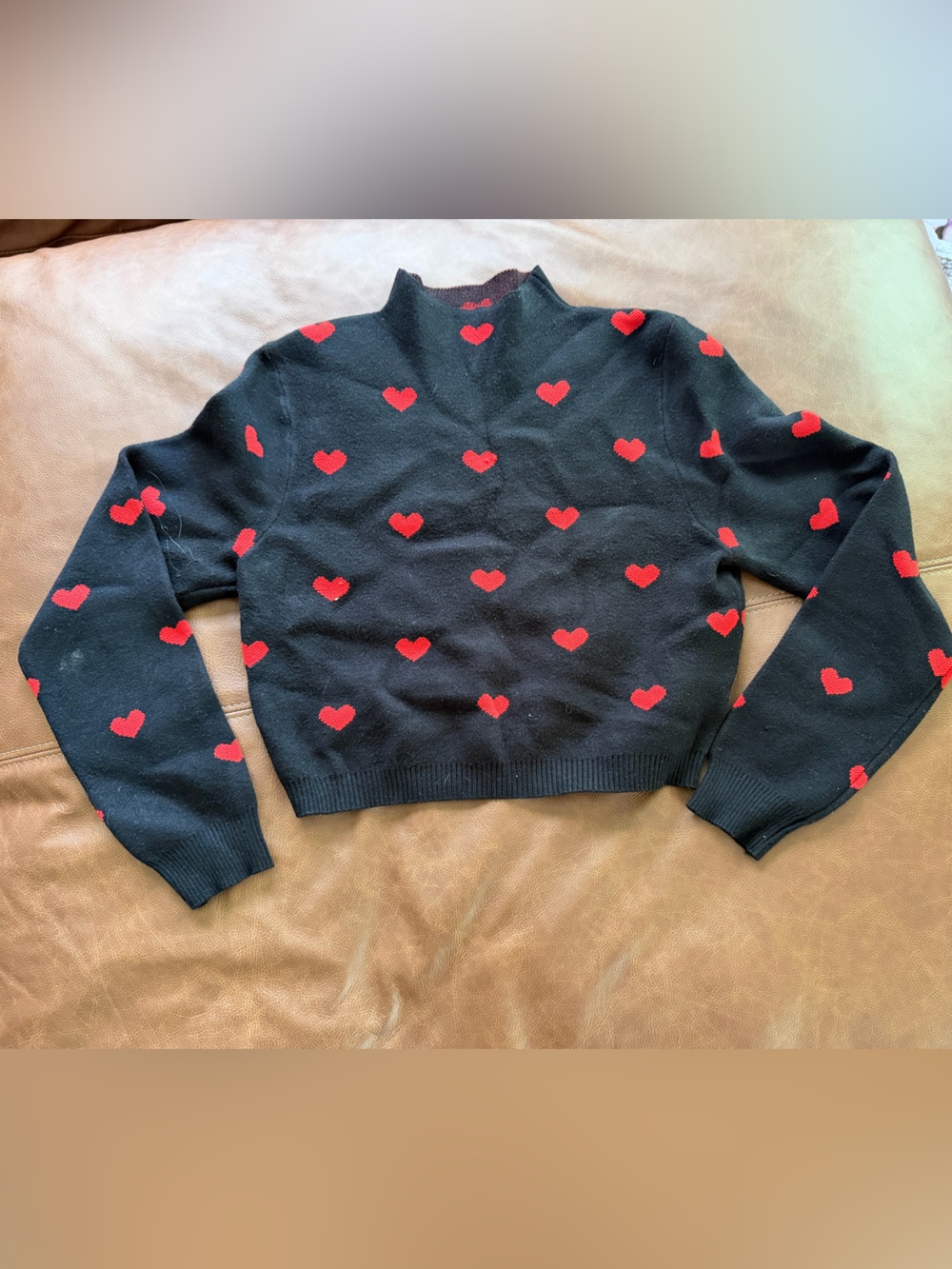 SHEIN Black Mock Neck Sweater with Red Heart Pattern